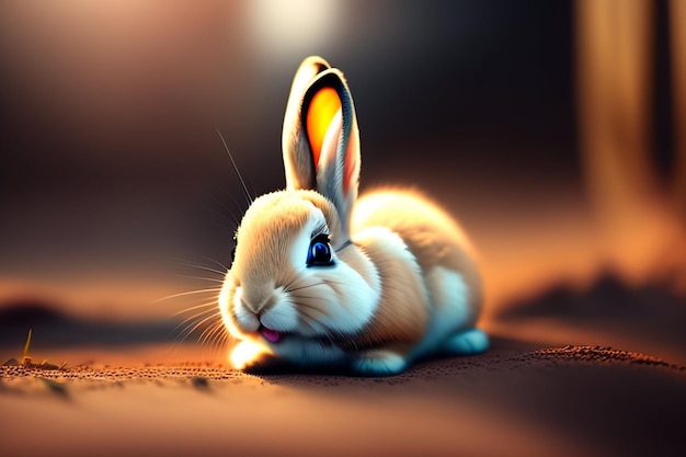 Un lapin avec une langue rose est assis sur un fond marron.