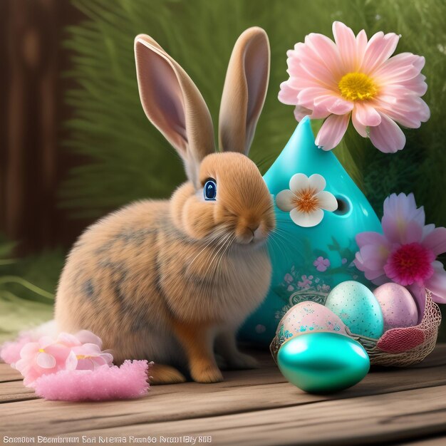 Un lapin et un œuf de Pâques bleu sont assis à côté d'un récipient bleu avec des fleurs et une fleur rose.