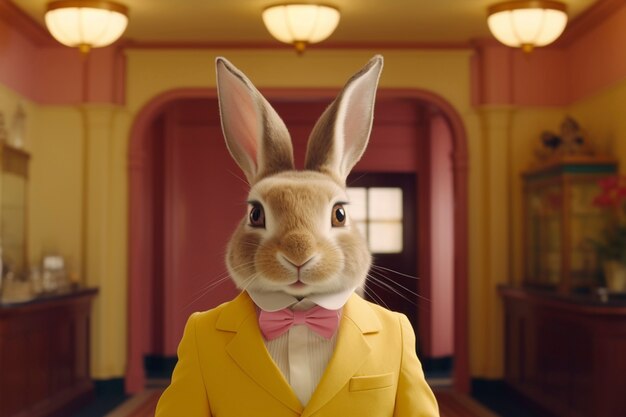 Un lapin de Pâques en costume dans un monde fantastique