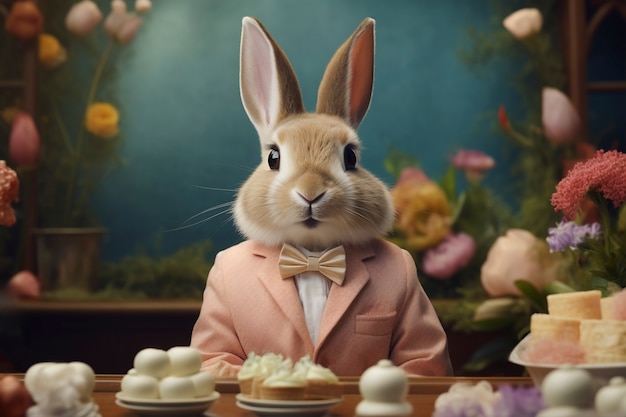 Un lapin de Pâques en costume dans un monde fantastique