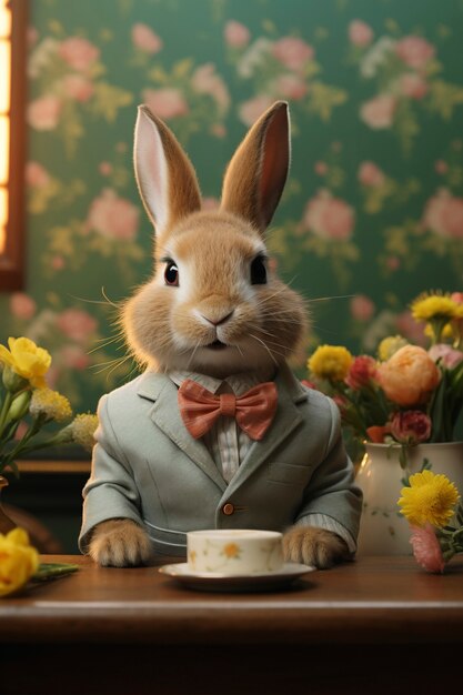 Un lapin de Pâques en costume dans un monde fantastique