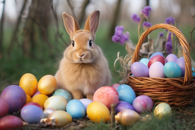Un lapin de Pâques mignon et réaliste avec des œufs de Pâques colorés dans un champ