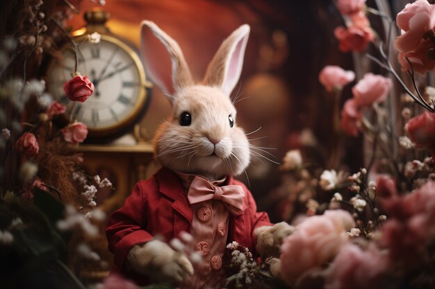Un lapin de Pâques mignon réaliste portant un élégant costume de veste avec des fleurs et une grande horloge