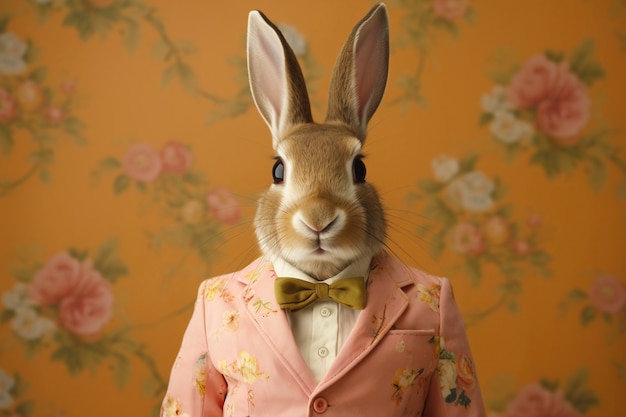 Un lapin de Pâques portant un costume sur un fond floral