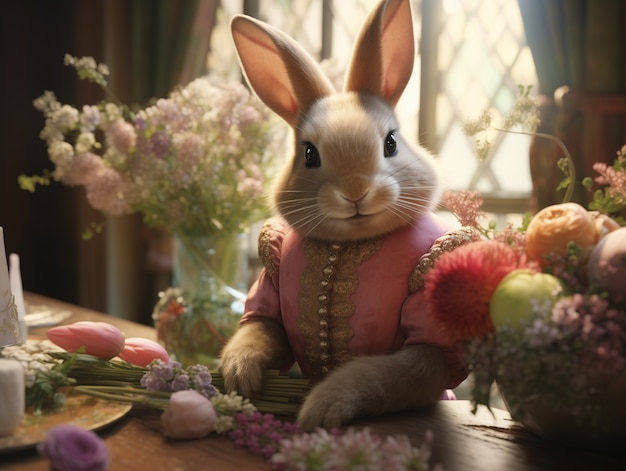 Un lapin de Pâques réaliste dans un fleuriste avec une robe élégante