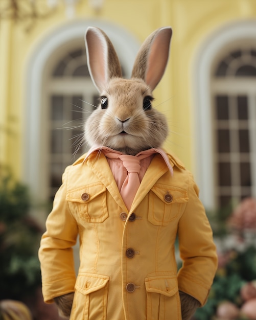 Un lapin de Pâques réaliste avec un manteau sur un fond de jardin floral