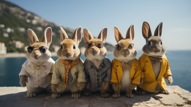 Un lapin de Pâques réaliste portant des vêtements élégants sur un fond côtier