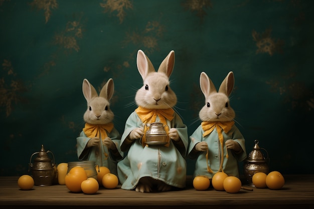 Photo gratuite un lapin de pâques réaliste portant des vêtements élégants et des fruits