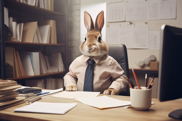 Un lapin réaliste travaillant au bureau avec des vêtements élégants