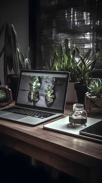 Photo gratuite laptop et succulent sur une table en bois dans une pièce sombre