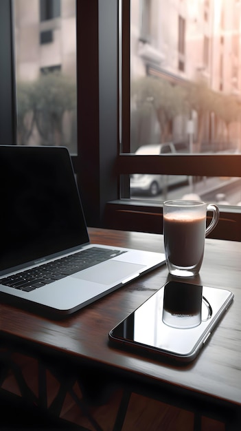 Photo gratuite laptop et tasse à café sur table en bois dans un café concept de lieu de travail