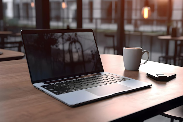 Photo gratuite laptop et tasse à café sur une table en bois dans un café concept de travail à domicile