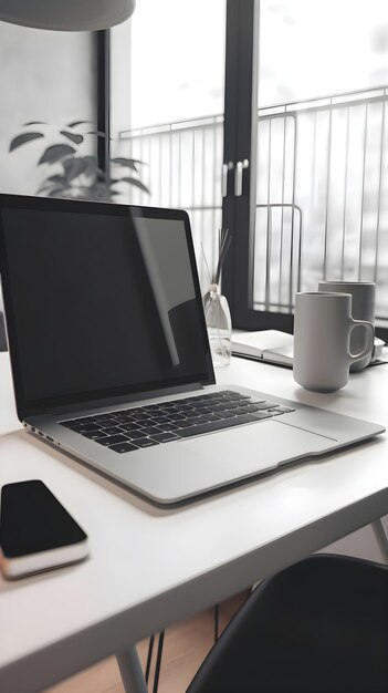 Laptop et tasse à café sur la table dans un bureau moderne Concept de lieu de travail