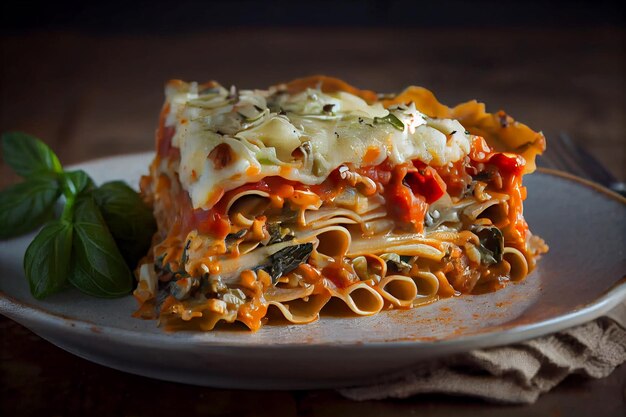 Lasagnes fraîches faites maison et feuilles sur plaque AI générative