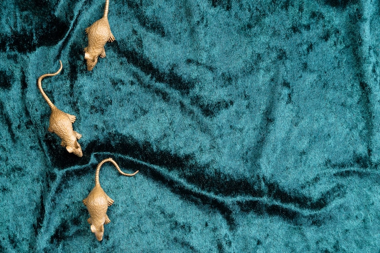 Photo gratuit lay plat de figurines de rat sur velours turquoise