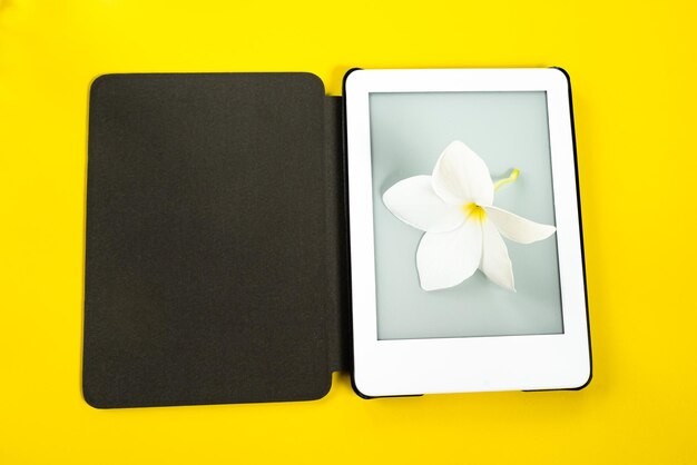 Lecteur d'ebook sur fond jaune