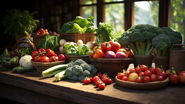 Légumes et fruits biologiques présentés sur une table en bois rustique