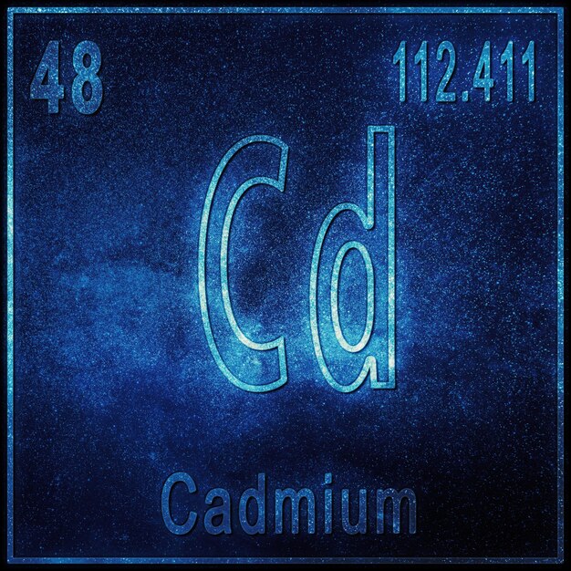 Élément chimique cadmium, signe avec numéro atomique et poids atomique, élément du tableau périodique