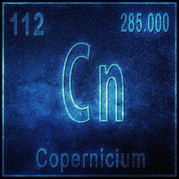 Élément chimique copernicium, signe avec numéro atomique et poids atomique, élément du tableau périodique