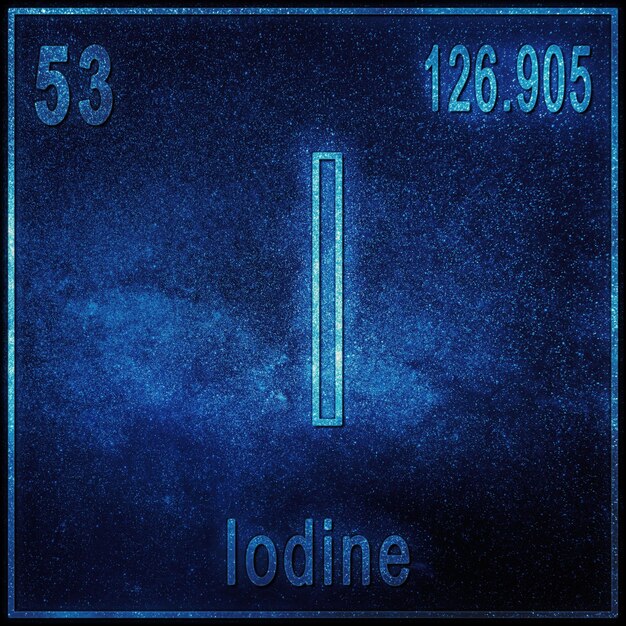 Élément chimique d'iode, signe avec numéro atomique et poids atomique, élément de tableau périodique