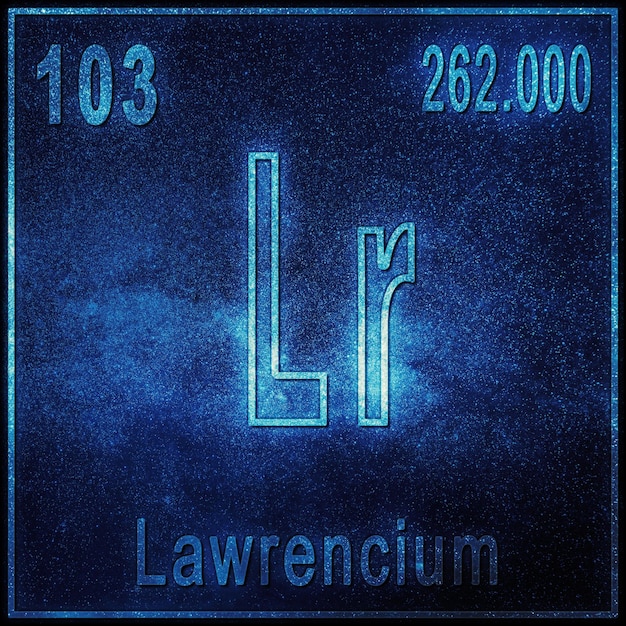 Élément chimique Lawrencium, signe avec numéro atomique et poids atomique, élément du tableau périodique