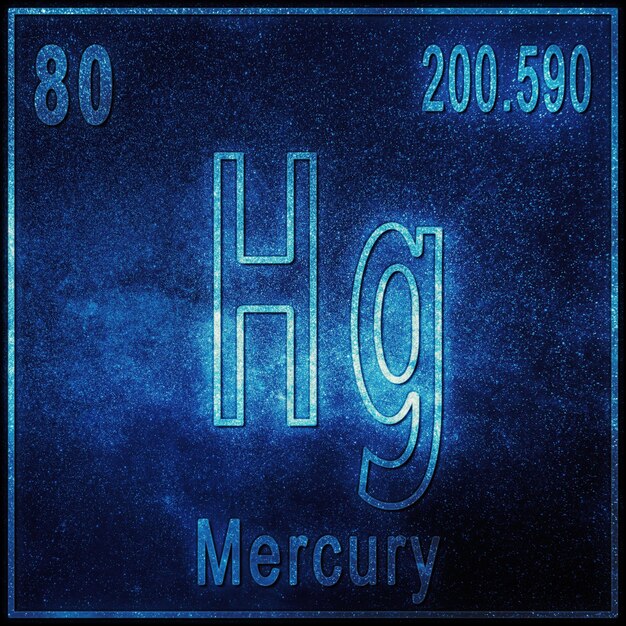 Élément chimique mercure, signe avec numéro atomique et poids atomique, élément du tableau périodique