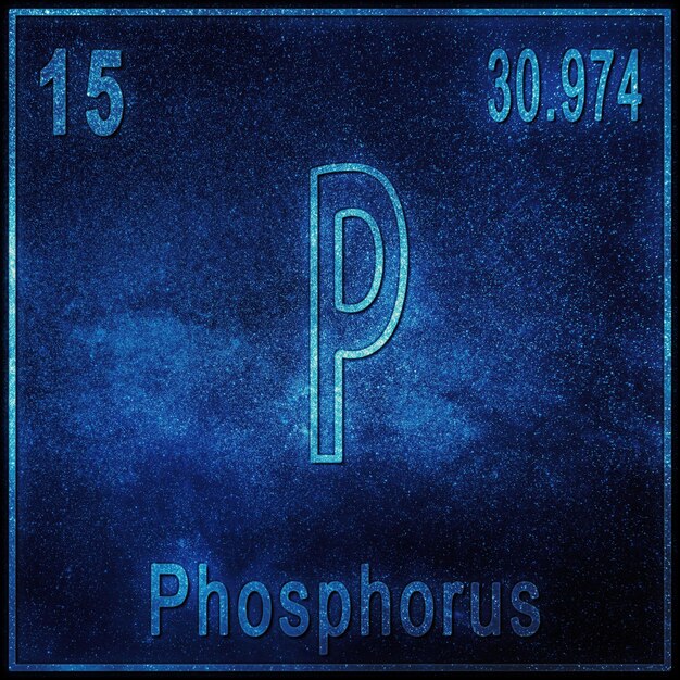 Élément chimique phosphore, signe avec numéro atomique et poids atomique, élément du tableau périodique