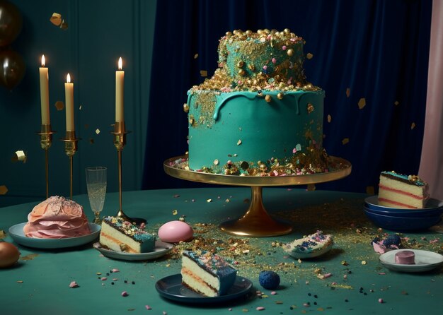 Éléments d'or pour la fête d'anniversaire et le gâteau