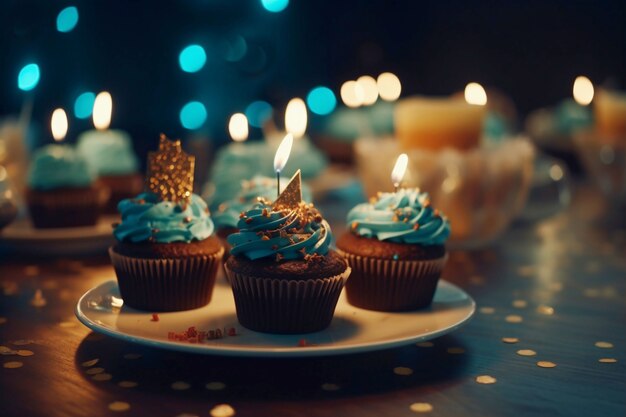 Éléments d'or pour la fête d'anniversaire et le gâteau