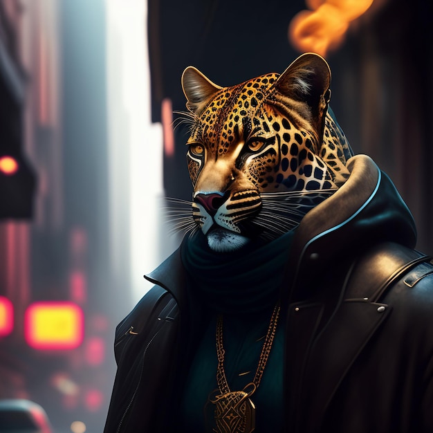 Photo gratuite un léopard avec une veste en cuir et une veste en cuir se tient devant une rue