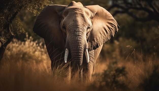 Éléphant d'Afrique marchant dans un paysage de prairies non cultivées généré par l'IA