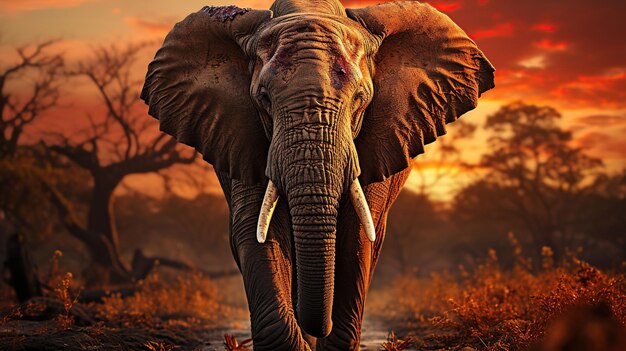 Éléphant dans la savane au coucher du soleil