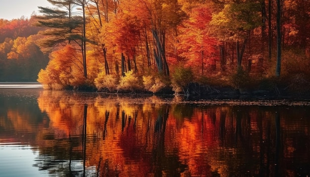 Le lever du soleil d'automne tranquille reflète des couleurs vibrantes sur un étang multicolore généré par l'IA