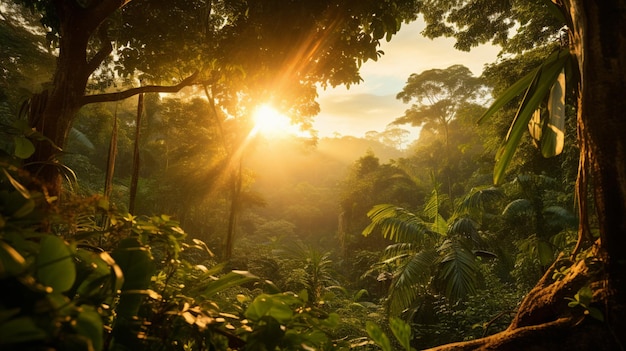 Un lever de soleil hypnotisant brise à travers la canopée de la jungle jetant une lueur chaude sur le paysage verdoyant