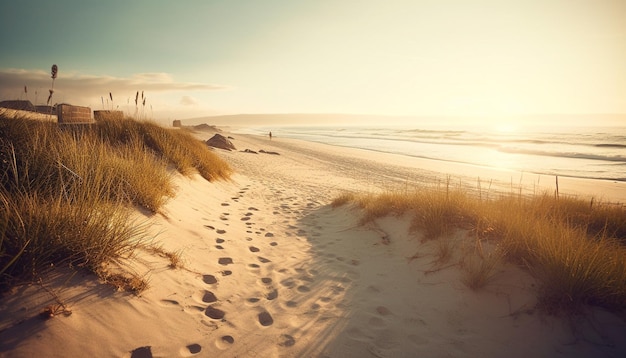 Photo gratuite lever de soleil paisible sur les dunes de sable idylliques et le littoral généré par l'ia