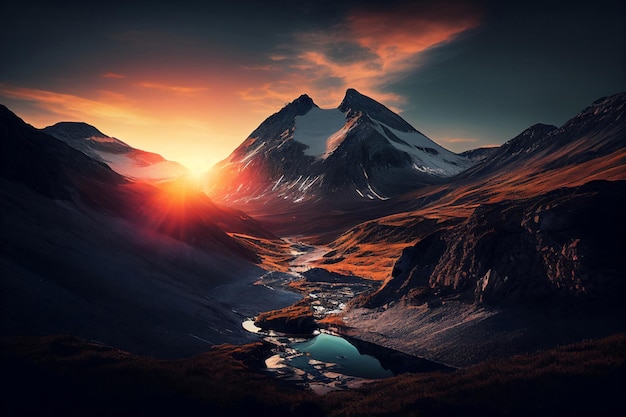 Lever de soleil panoramique dans les hautes montagnes des alpes Generative AI
