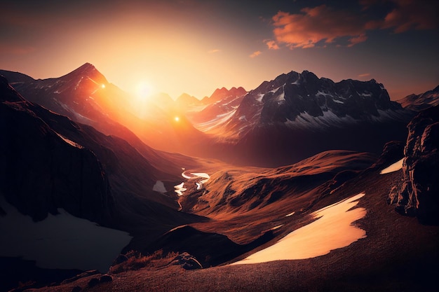 Lever de soleil panoramique dans les hautes montagnes des alpes Generative AI