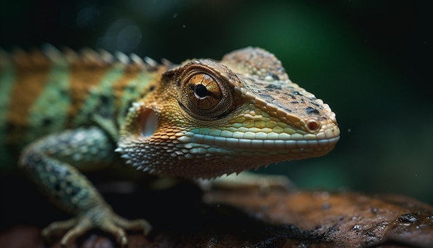 Photo gratuite lézard vert sur feuille humide dans la forêt tropicale généré par l'ia