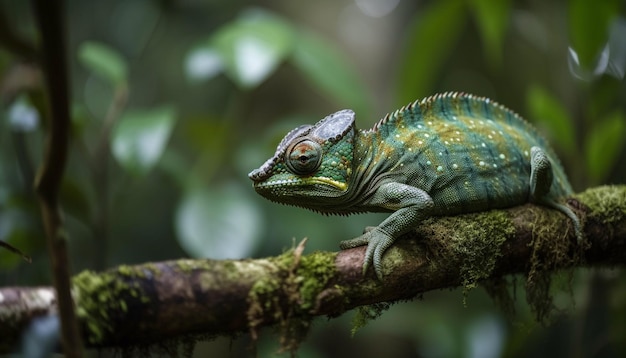 Lézard vert perché sur une branche dans la forêt générée par l'IA