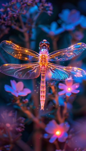 Une libellule brillante avec des nuances de néon