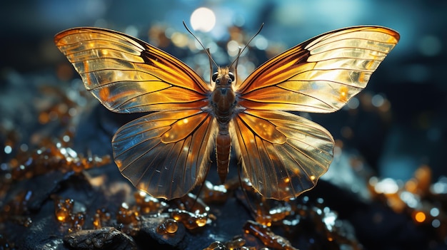 Photo gratuite libellule dans le noir avec des lumières dorées
