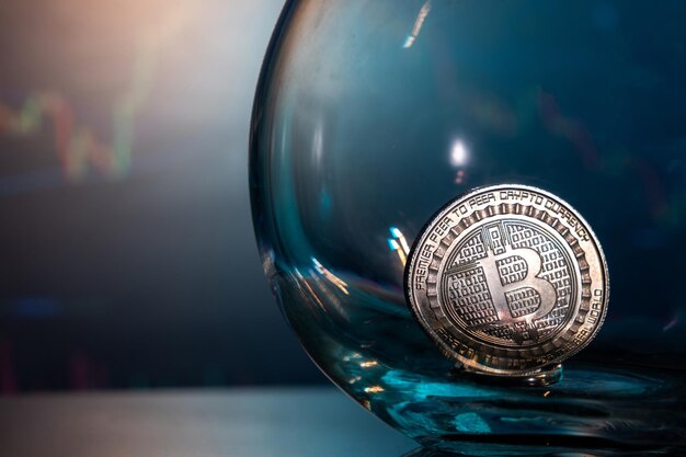 Libre d'un Bitcoin d'argent sur une surface réfléchissante bleue dans un verre et l'histogramme de devise