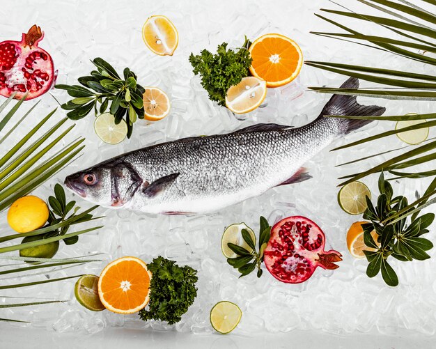 Lieu de poisson cru sur glace entouré de tranches de fruits