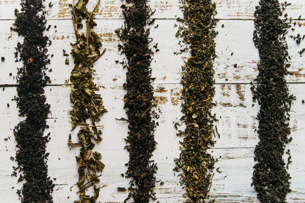 Lignes faites avec des herbes de thé sèches sur un bureau blanc