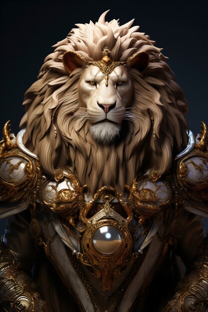 Lion avec accessoires métalliques en studio