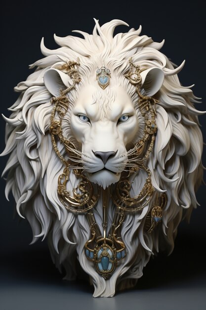 Lion avec accessoires métalliques en studio