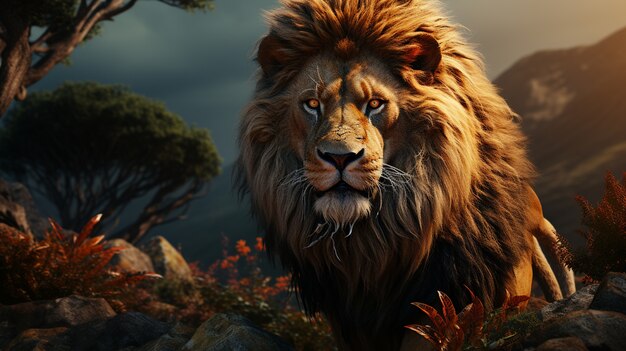 Lion féroce 3D avec fond nature