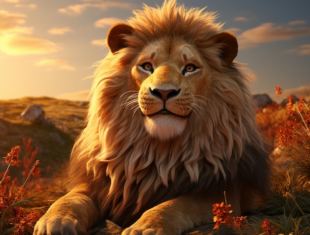 Lion féroce 3D avec fond nature