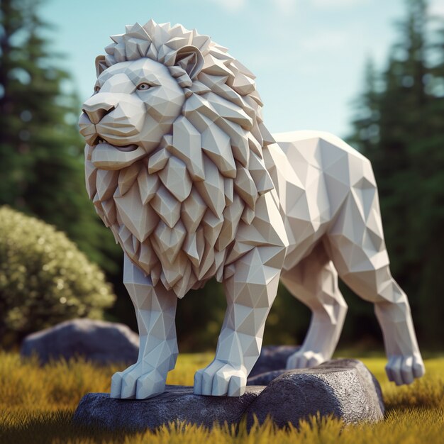 Lion géométrique 3D dans la nature avec des rochers et de l'herbe