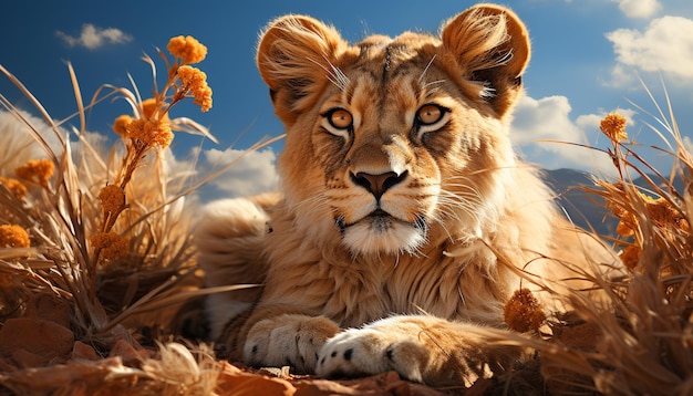 Une lionne majestueuse se cachant dans l'herbe regardant un coucher de soleil serein généré par l'intelligence artificielle